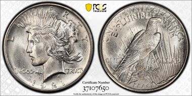 1921 $1 High Relief, Peace MS66