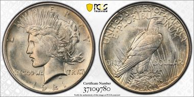 1921 $1 High Relief, Peace MS65+
