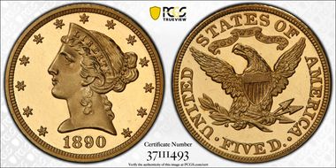 1890 $5 PR64DCAM