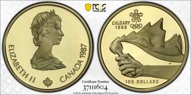 1987 $100 Calgary Winter Games LE  KM-158  Au PR69DCAM