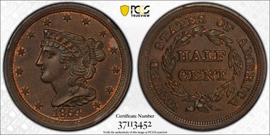 1854 1/2C MS65+ BN