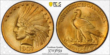 1907 $10 Indian, Wire Rim MS65