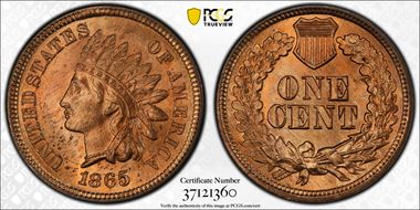 1865 1C Plain 5 MS64+ RD