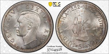 1952 5 Shil 300th Ann. of Capetown KM-41  Ag PL67