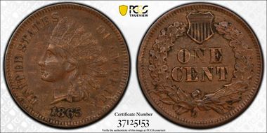 1865 1C Fancy 5 AU50BN