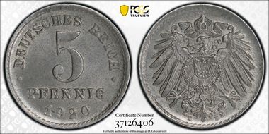 1920-E 5 Pfg J-297 MS64