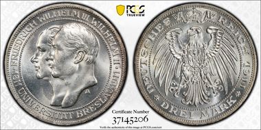 1911-A 3 Mk Breslau Univ J-108 MS64+