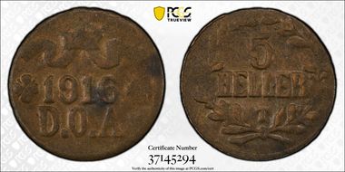 1916-T 5 Hel KM-14.2 Thin Planchet AU58