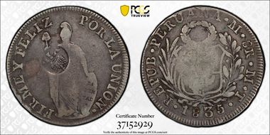 (1834-37) 8 R KM-138.2 C/M on Peru 8R VF25