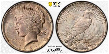 1921 $1 High Relief, Peace MS62