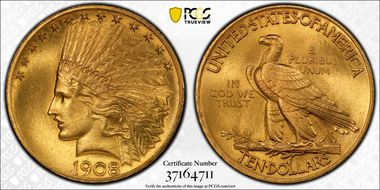 1908 $10 Motto MS64+