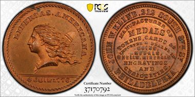 (1876) Token Pa-Ph 205 Copper John W. Kline MS64+ RD