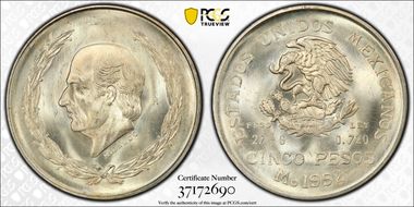 1952-Mo 5 Peso Hidalgo KM-467  Ag MS66