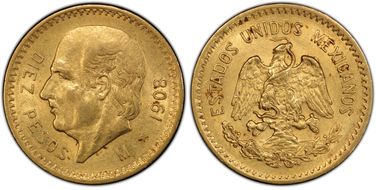 1908-M 10 Peso KM-473  Au MS62