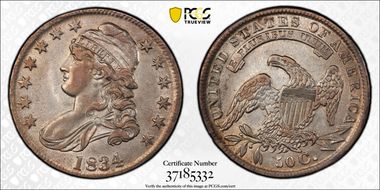 1834 50C O-105, Lg Date, Sm Letters AU50