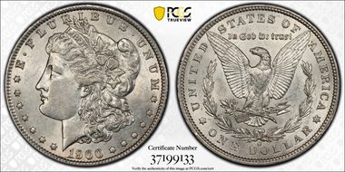 1900-O $1 VAM 29A, Die Break AU58