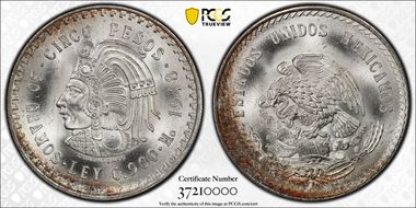 1948-Mo 5 Peso Cuauhtemoc KM-465  Ag MS67