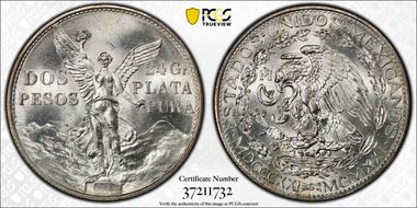 1921-Mo 2 Peso Centennial, 9 Tail F. KM-462  Ag MS64