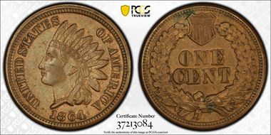 1864 1C Copper-Nickel AU58