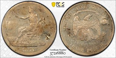 1874-S T$1 Chopmarked AU55