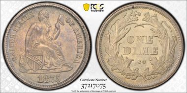 1875-CC 10C Mintmark Above Bow MS63