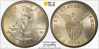 1905-S Peso Allen-16.06a Straight Serif MS63