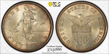 1908-S Peso KM-172  Ag MS64+