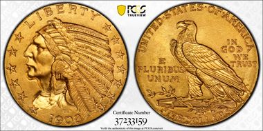 1908 $5 Indian MS64+