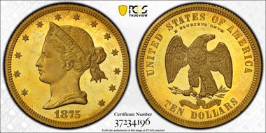 1875 $10 J-1444 Gilt PR65CAM