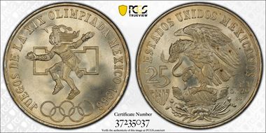 1968-Mo 25 Peso Olympic KM-479.1 Rings Align, Straight Tongue MS67