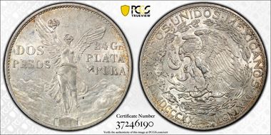 1921-Mo 2 Peso Centennial, 9 Tail F. KM-462  Ag AU58