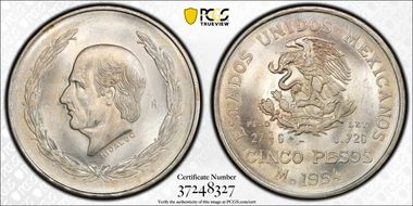 1954-Mo 5 Peso Hidalgo KM-467  Ag MS65