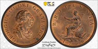 1799 1/2D S-3778 P-1248 5 incuse gunports MS64+ RB