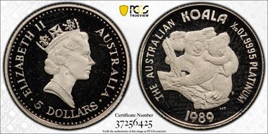 1989-P $5 Koala and Cub 1/20oz Pt PR68DCAM