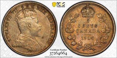 1905 5C Narrow Date 5/5 AU50