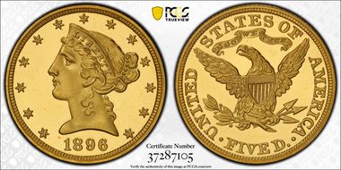 1896 $5 PR66DCAM
