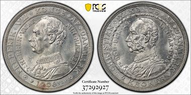 1906 VBP GJ 2 Kr Death of Christian IX Accession of Frederick VIII MS64