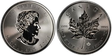 2019 $5 Maple Leaf/Ag - Incuse MS69