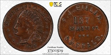 1863 Token F-105D-1a Copper PE F.J. Bieler AU58BN