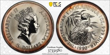 1990 $5 Kookaburra Ag MS69