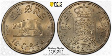 1926 HCN GJ 25 Øre KM-5 w/o Hole MS66