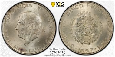 1957-Mo 5 Peso Hidalgo KM-469  Ag MS65