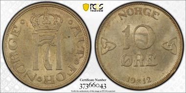 1912 10 Øre KM-372  Ag MS64