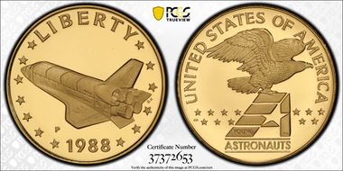 1988-P Medal D1988-1b Gold 21mm Space Shuttle PR69DCAM