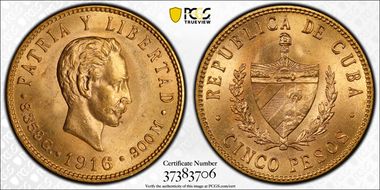 1916 5 Peso KM-19  Au MS64