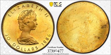 1986 DT$20 1/2oz ML Die Trial Obv Brass SP66