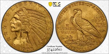 1908 $5 Indian MS64