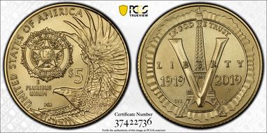2019-W $5 American Legion 100th Ann First Strike MS70