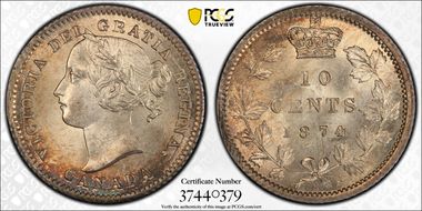 1874-H 10C Wide Date, High 7, Even 4 MS65+