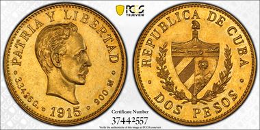 1915 2 Peso KM-17  Au AU55